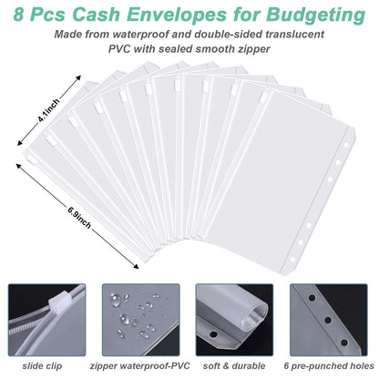 Rnivvi Budget Binder with Zipper Envelopes, A6 Money Saving Binder Cash Envelopes for Budgeting, PU Leather Budget Planner Money Organizer for Cash Bills, Floral Budget Wallet for Women, White Flower