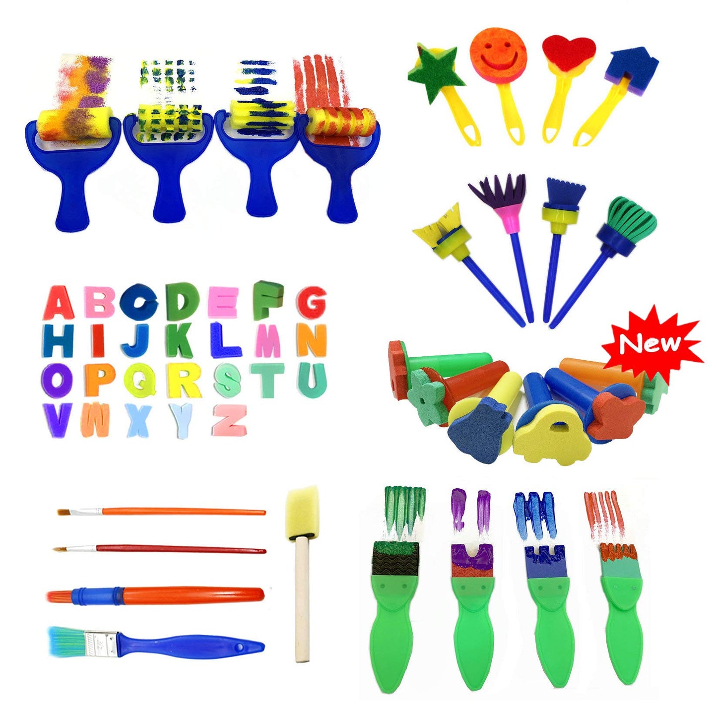 59pcs Kids Art & Craft Early Learning Painting Sponges Stamper Mini Paint Brushes Kit with 26 English Alphabets Drawing Tools (with Apron&Box)