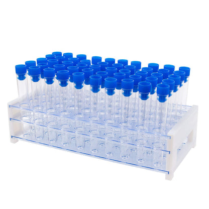 50Pcs Clear Plastic Test Tubes with Rack,16 x 100mm Vial Tube with Caps and 50 Holes Tubes Rack for Jewelry Seed Beads Powder Spice Liquid Experiment Party Decor