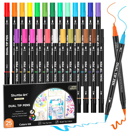 Shuttle Art Dual Tip Brush Pens Art Markers, 25 Colors Fine and Brush Dual Tip Markers Set with 1 Coloring Book for Adult Artist Calligraphy Hand Lettering Journal Doodling Writing
