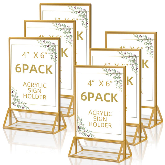 PPH-Sisy Acrylic Sign Holder 4 x 6 Gold Frame Display Stand ，Clear Table Flyer Holder，Plastic Paper Holder for Home, Office, Shop- Exhibition 4 x 6 inches (6pcs)