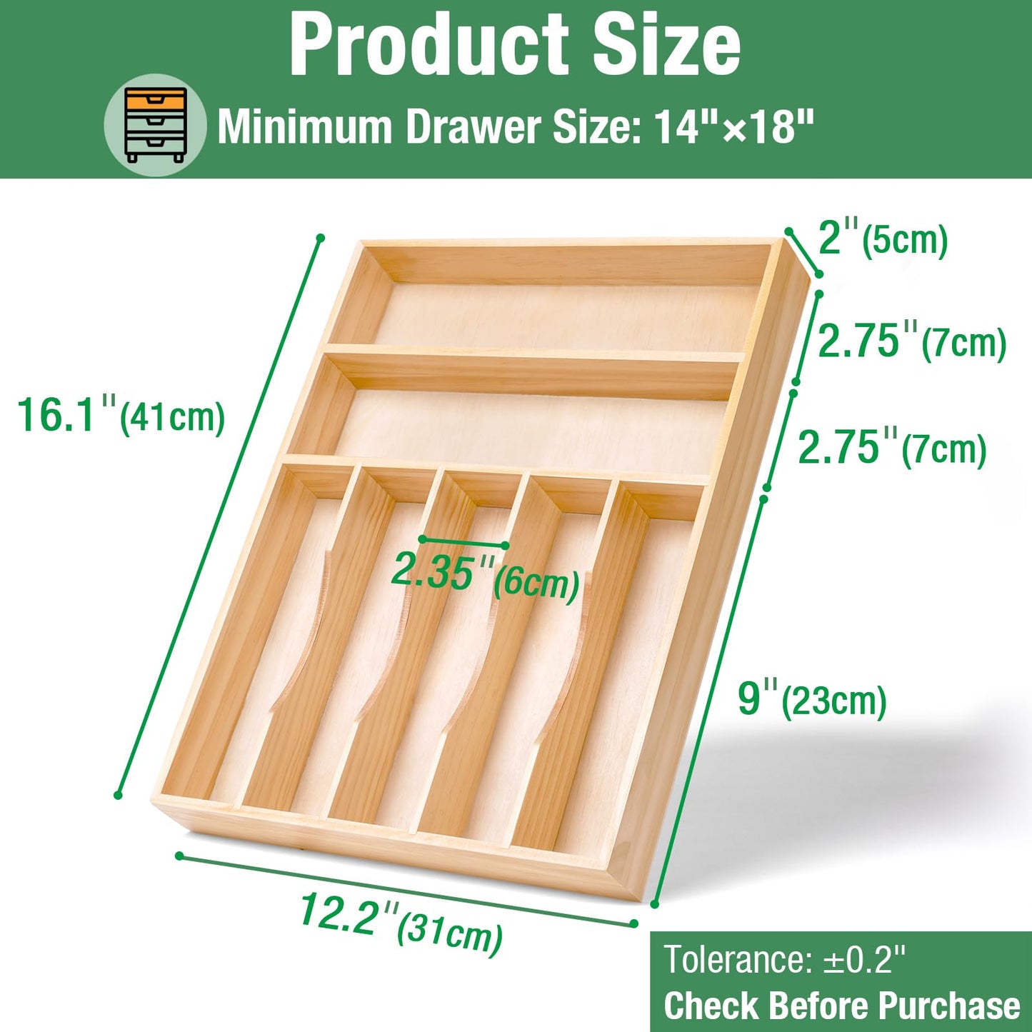 Silverware Organizer, Kitchen Drawer Organizer 13"× 17" Pine Wood Utensil Holder and Cutlery Tray with Grooved Drawer Dividers, 7 Compartment Utensil Tray Wood Caddy for Flatware Forks Spoon, Knives