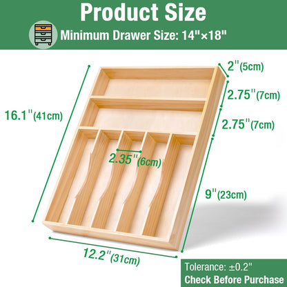 Silverware Organizer, Kitchen Drawer Organizer 13"× 17" Pine Wood Utensil Holder and Cutlery Tray with Grooved Drawer Dividers, 7 Compartment Utensil Tray Wood Caddy for Flatware Forks Spoon, Knives