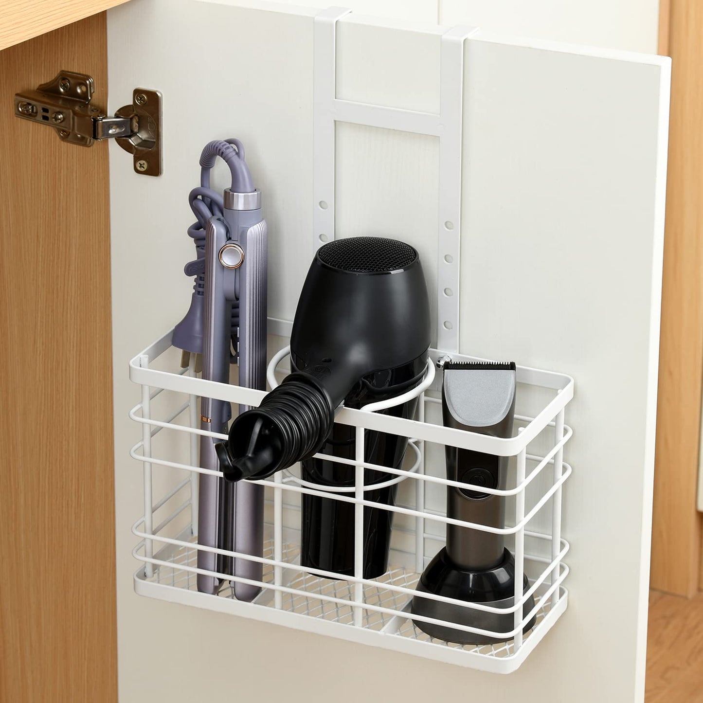 Wetheny Hair Tool Organizer - Hair Dryer Holder 5 Adjustable Height,Bathroom Organizer Cabinet Door/Wall Mounted for Hair Dryer,Curling Iron,Hair Straightener,Brush（White)