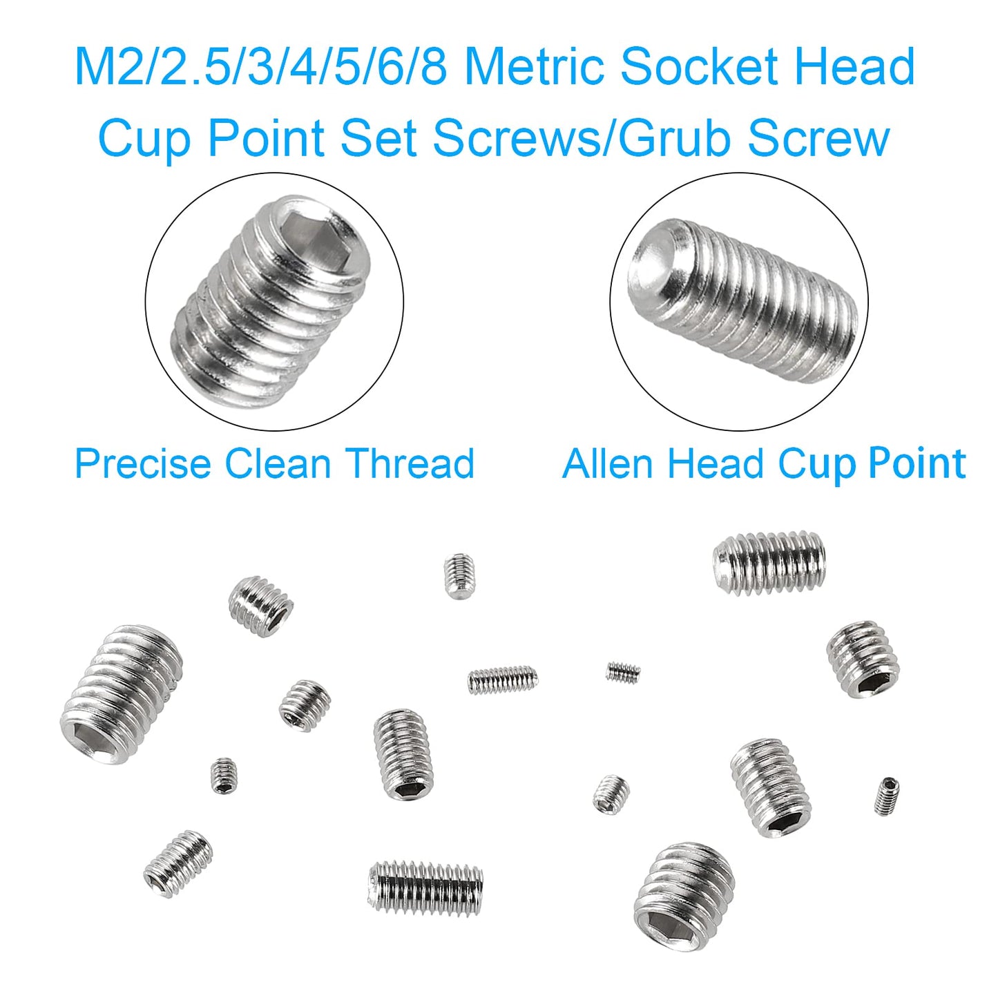 HanTof 747Pcs 21 Sizes Metric M2/M2.5/M3/M4/M5/M6/M8 Allen Head Socket Hex Grub Set Screws,Internal Hex Drive Headless Cup-Point Set Screws Assortment Kit with 7Pcs Hex Wrenches,304 Stainless Steel