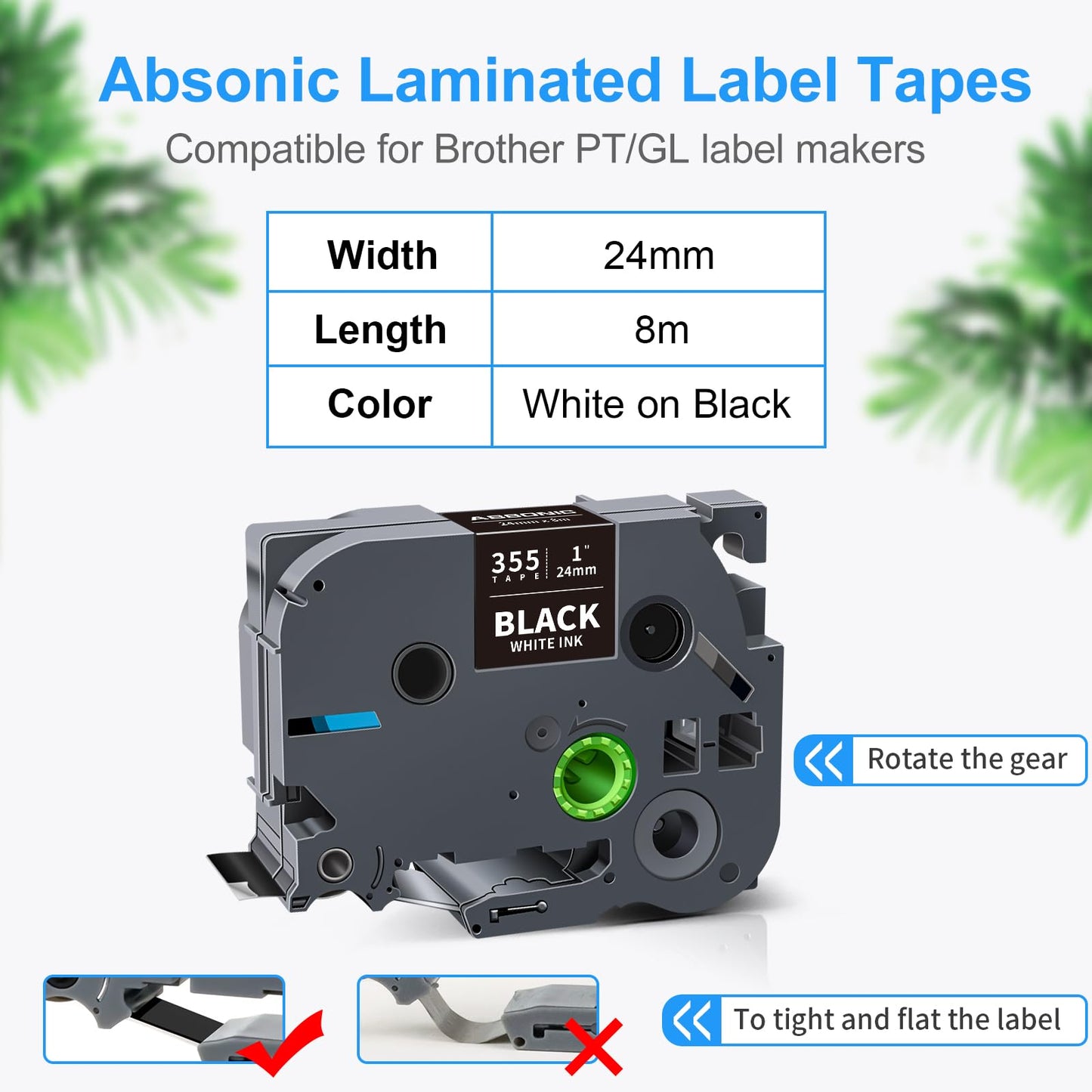 Absonic 3-Pack 24mm White on Black Label Tape Compatible for Brother Tze-355 Tz355 Tze355 Tz-355 PTouch Tze Tz Label Tape 24mm Laminated Black 1 Inch for PT-D600 PT-P700 PT-P710BT PT-P950NW PT-E500