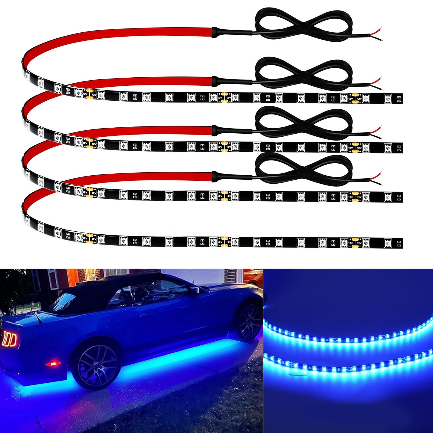 12V Led Light Strip 24" Connectable Blue Led Light Strips for Cars Golf Cart Boat Marine Motorcycle Waterproof Led Strip Lights, 4Pack