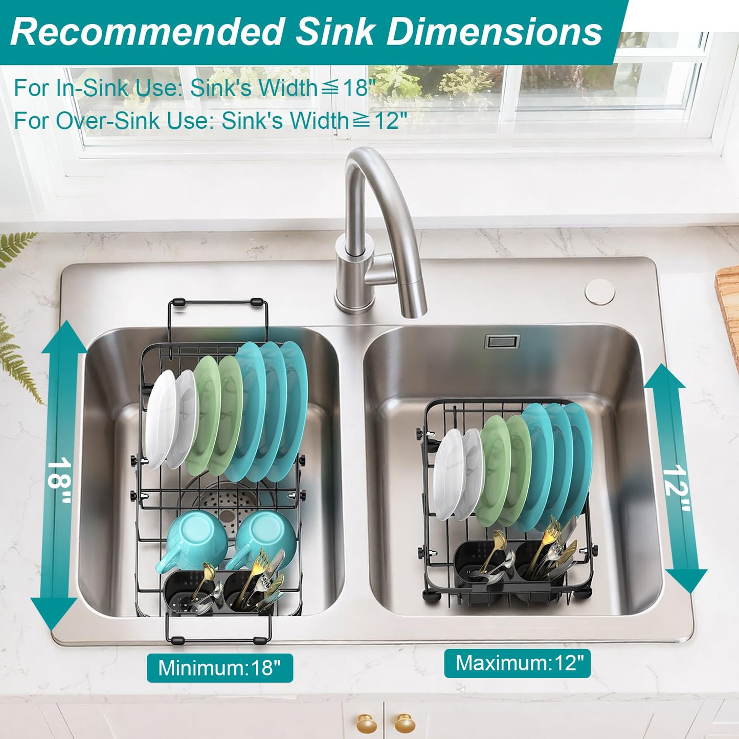 Ceecysaa Dish Drying Rack, Expandable Over The Sink Dish Drying Rack,Adjustable Dish Rack in Sink,Dish Drainer with Utensil Rack & Handle (30-42.5cm) for Kitchen Counter,Metal,Black