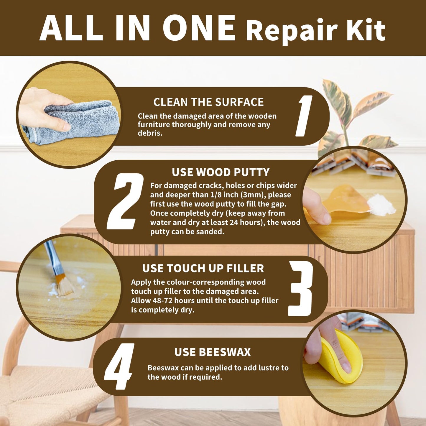 Wood Furniture Repair Kit, All-in-One Hardwood Floor Scratch Repair Kit Include Wood Putty & 12 Colours Wood Touch Up Markers and Beeswax, Vinyl Floor Repair Kit for Scratch, Cracks, Stain, Holes