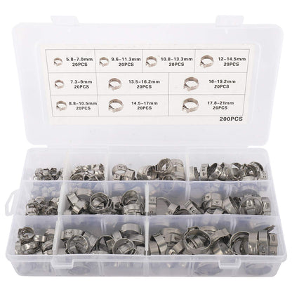 Yaegoo 200Pcs 5.8-21mm 304 Stainless Steel Single Ear Stepless Hose Clamps Assortment Kit - 10 Kinds of Size