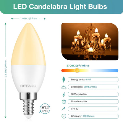DEGNJU LED Candelabra Light Bulbs 60W Equivalent, Chandelier Light Bulbs Soft White 2700K, E12 LED Bulb, Type B Light Bulb 5.5W, Candelabra Base, 120V, B11 Candle Light Bulb, Non-Dimmable, 10 Pack
