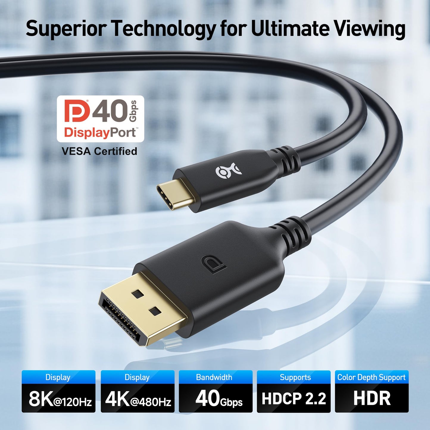 [VESA Certified] Cable Matters 40Gbps USB C to DisplayPort 2.1 Cable 1m/3.3ft, Supports DP40, 8K@120Hz / 4K@480Hz (Thunderbolt 4 to DisplayPort Cable) Black - Not for Portable USB-C Monitor