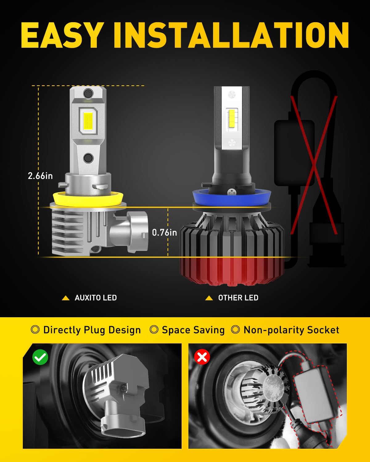 AUXITO H11 LED Headlight Bulbs, 40000LM 6500K White Wireless LED Headlights for H8 H9 H16 Fog Lights, DRL, Low Beam or High Beam, Direct Install Plug and Play, IP68 Waterproof, Pack of 2