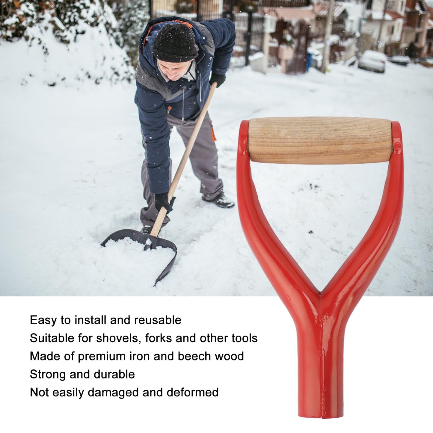 D Grip Shovel Handle, 1.22in ID Reusable Spade Replacement With Wooden Grip, Metal for Garden Digging Raking Tool (Red)
