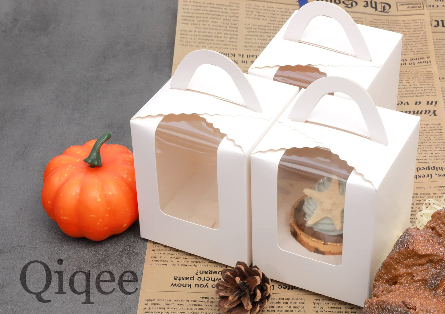 Cupcake Boxes Individual 60pcs Cupcake Holders Disposable White Single Cupcake Boxes with Window 3.6x3.6x4.3 inch Cupcake Containers