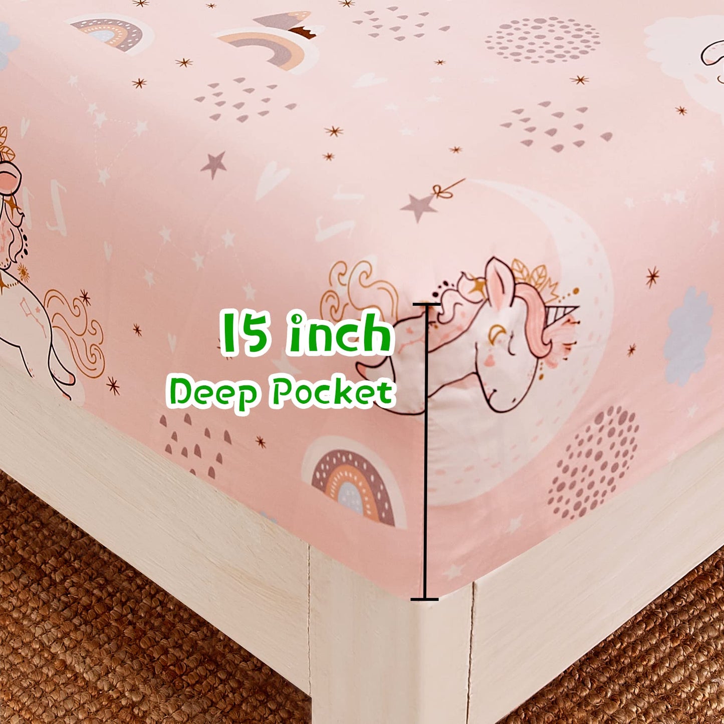 JSD Pink Moon Unicorn Kids Sheet Set Twin 3 Piece, Cute Printed Microfiber Bed Sheets for Girls Deep Pocket