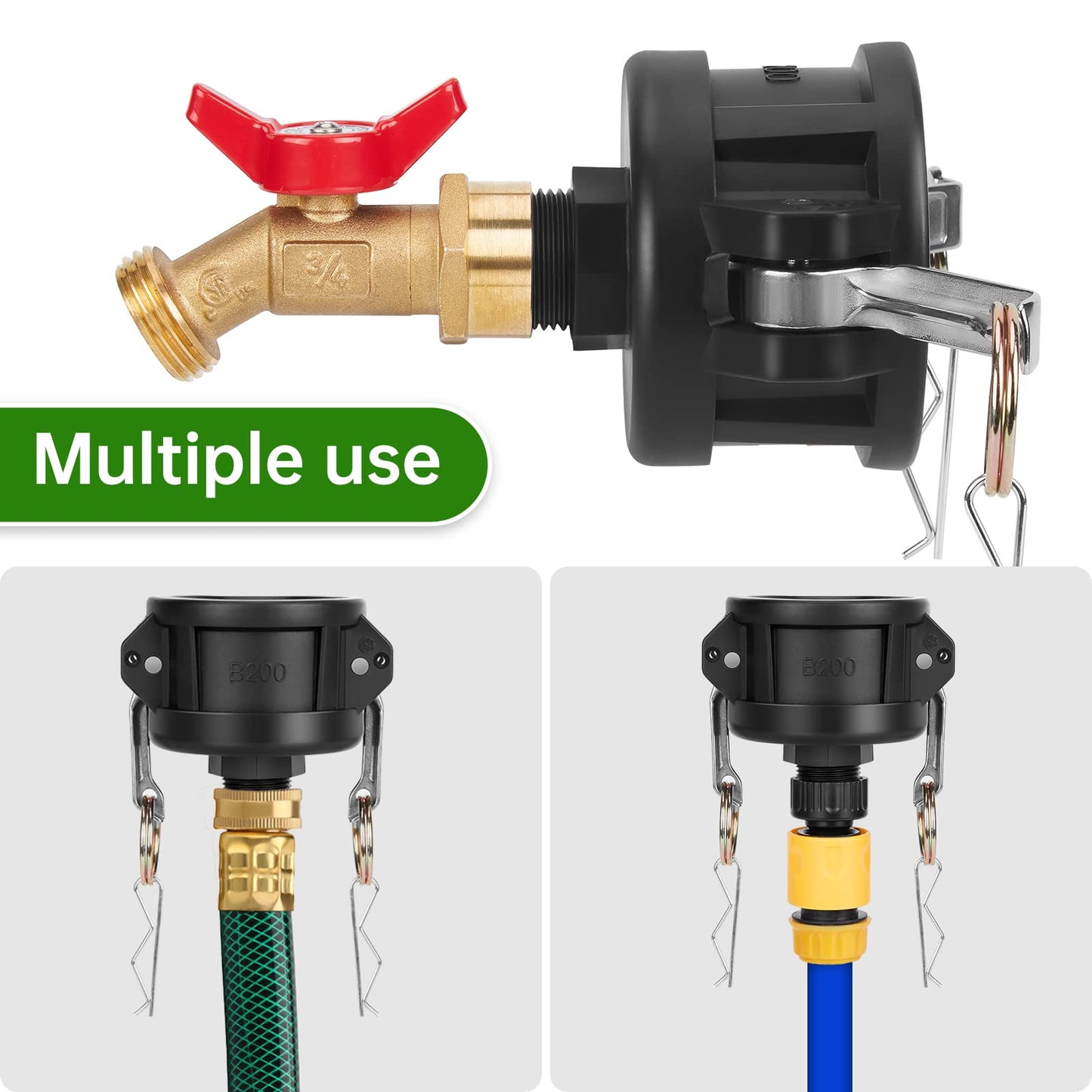 WADEO 330 275 Gallon IBC Tote Fittings, IBC Tote Adapter 2 inch Cam Lock for Garden Hose 3/4 inch Outlet, with Valve Control 2 Hose Adapters and Seal