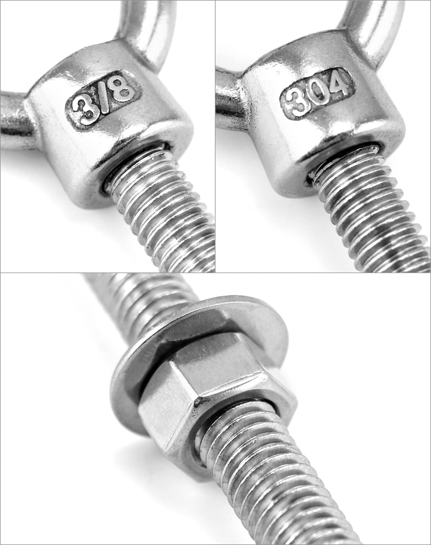 QWORK Threaded Eyebolts, 5 Pack 3/8" x 6" Long Stainless Steel Marine Grade Shoulder Eye Bolt