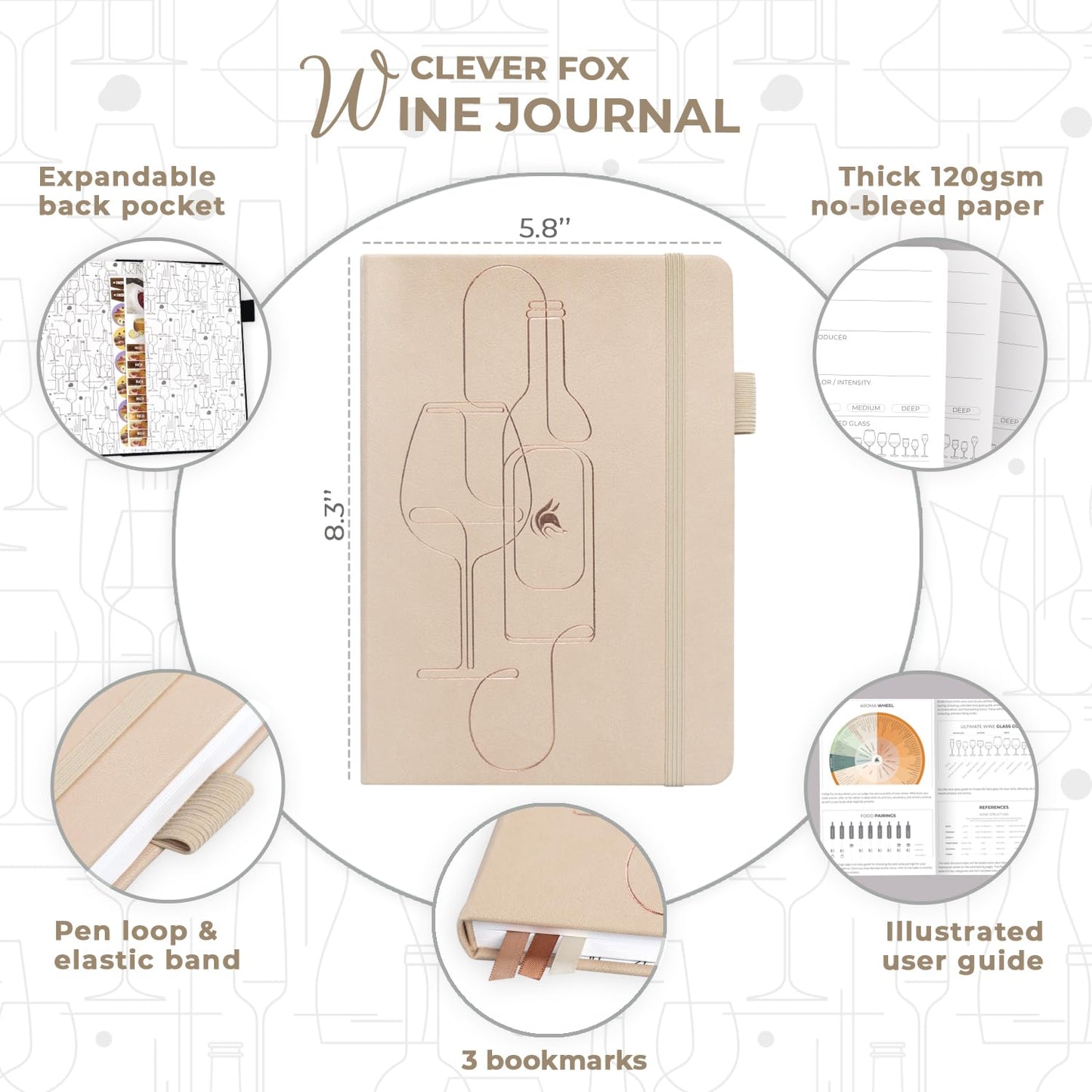 Clever Fox Wine Journal for Wine Tasting – Guided Wine Diary & Log Book with Tasting Instructions, Aroma Wheel, Food Pairing & Glass Guide – 132 Entries, Hardcover, A5 Size (Seashell)