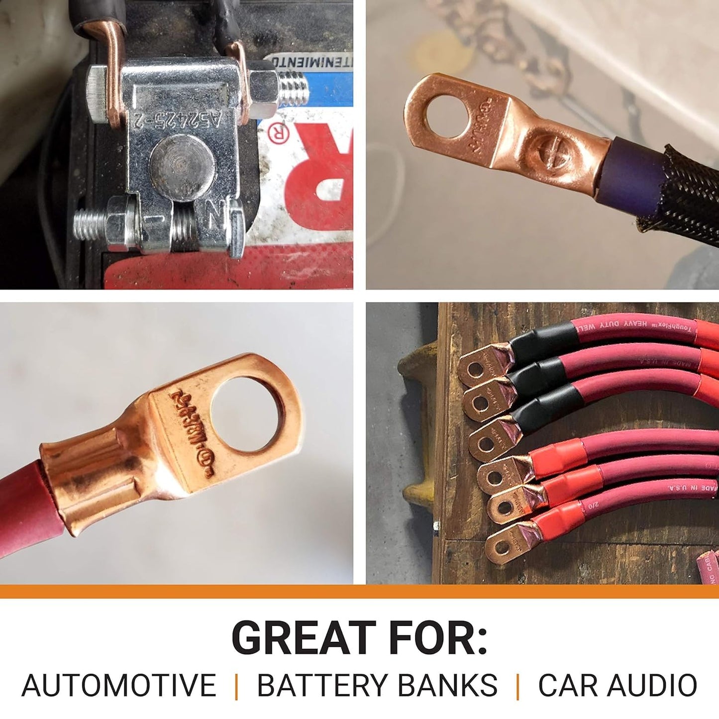 SELTERM 25pcs 4 AWG 3/8" Stud Battery Lugs, Ring Terminals, Heavy Duty Copper Wire Lugs, Battery Cable Ends, 4 Guage Ring Terminal Connectors, UL Bare Copper Eyelets Electrical Battery Cable Lugs