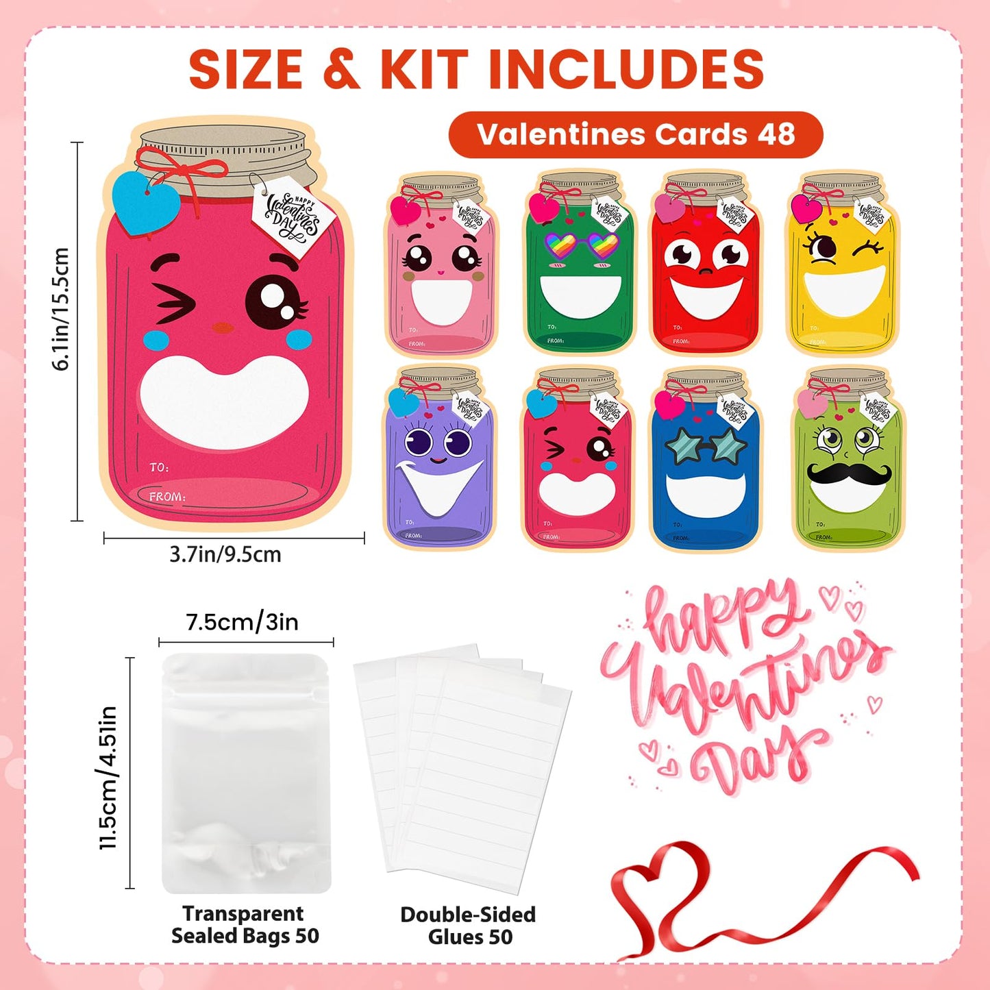 POPGIFTU Valentines Day Cards – 48 Pack Funny Face Mason Jar Valentine Cards with Treat Bags, Exchange Cards for Valentines Day (Candy Not Included)