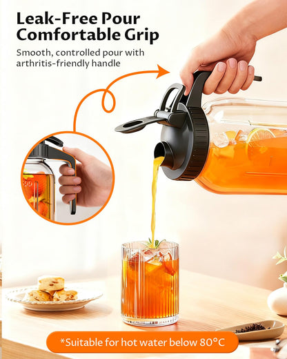 VA1KENE 64oz Glass Pitcher with Lid and Handle – Mason Jar Style Water Jug with Spout, Wide Mouth Glass Pitcher for Sun Tea, Juice, Breast Milk, Cold Brew & More