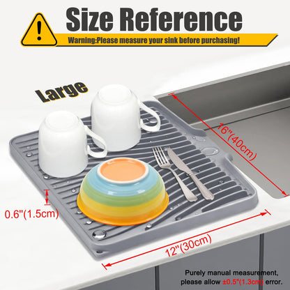 TIKNIK Silicone Dish Drying Mat for Kitchen Counter, Dish Drying Pad, Non-Slip Drain Pad with Built-in Drain, Heat Resistant Stone Drying Mat (16" x 12" / 40 x 30cm, Grey)