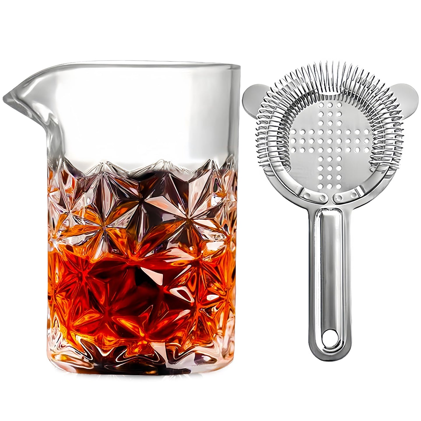 Carfeel 2 Piece Crystal Cocktail Mixing Glass Set with Hawthorne Strainer, Old Fashioned Mixing Glass