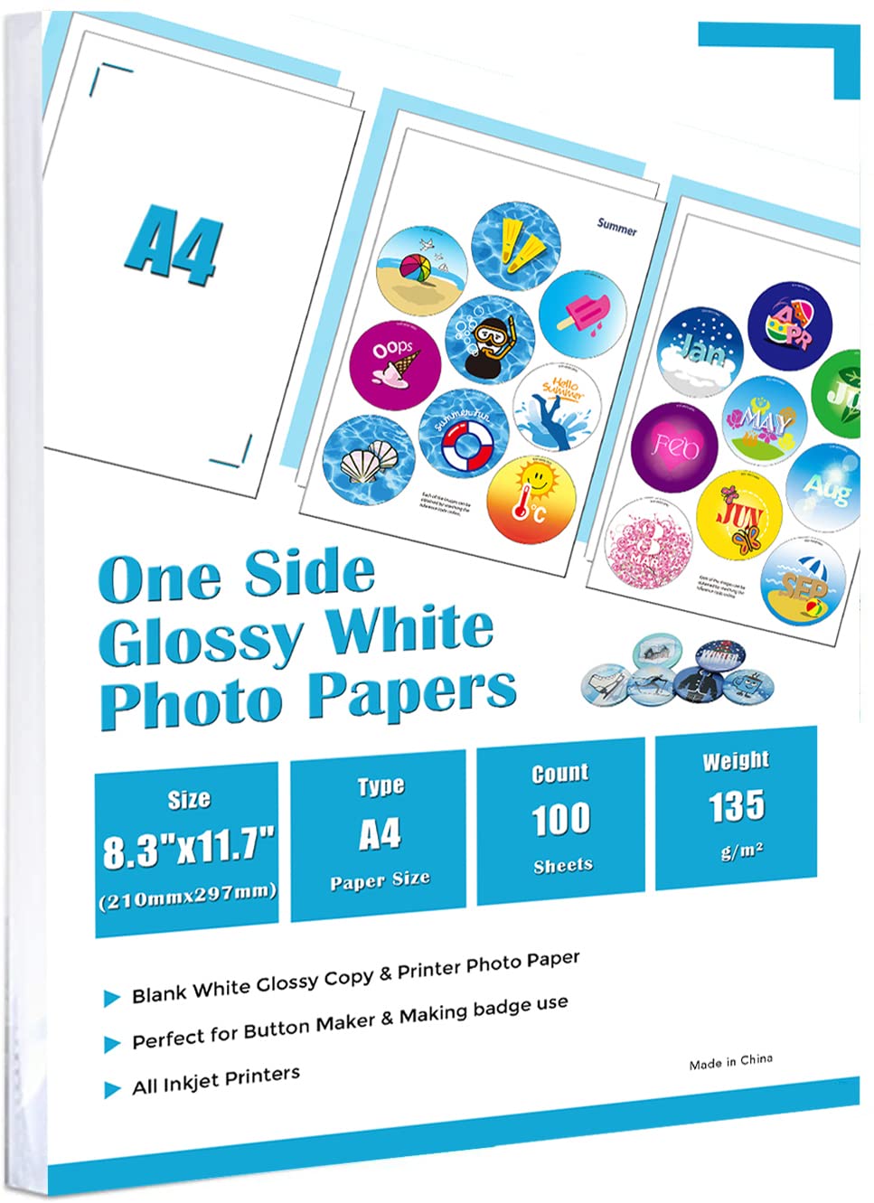 ChiButtons One Side Glossy Photo Papers A4, 100 Sheets (135g, Specially for Button Maker use)