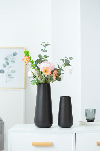 11 Inch Tall Matt Black Ceramic Vases for Flowers & Pampas Grass, Classic Rustic Style Decorative Vase for Home Decor Table Centerpieces