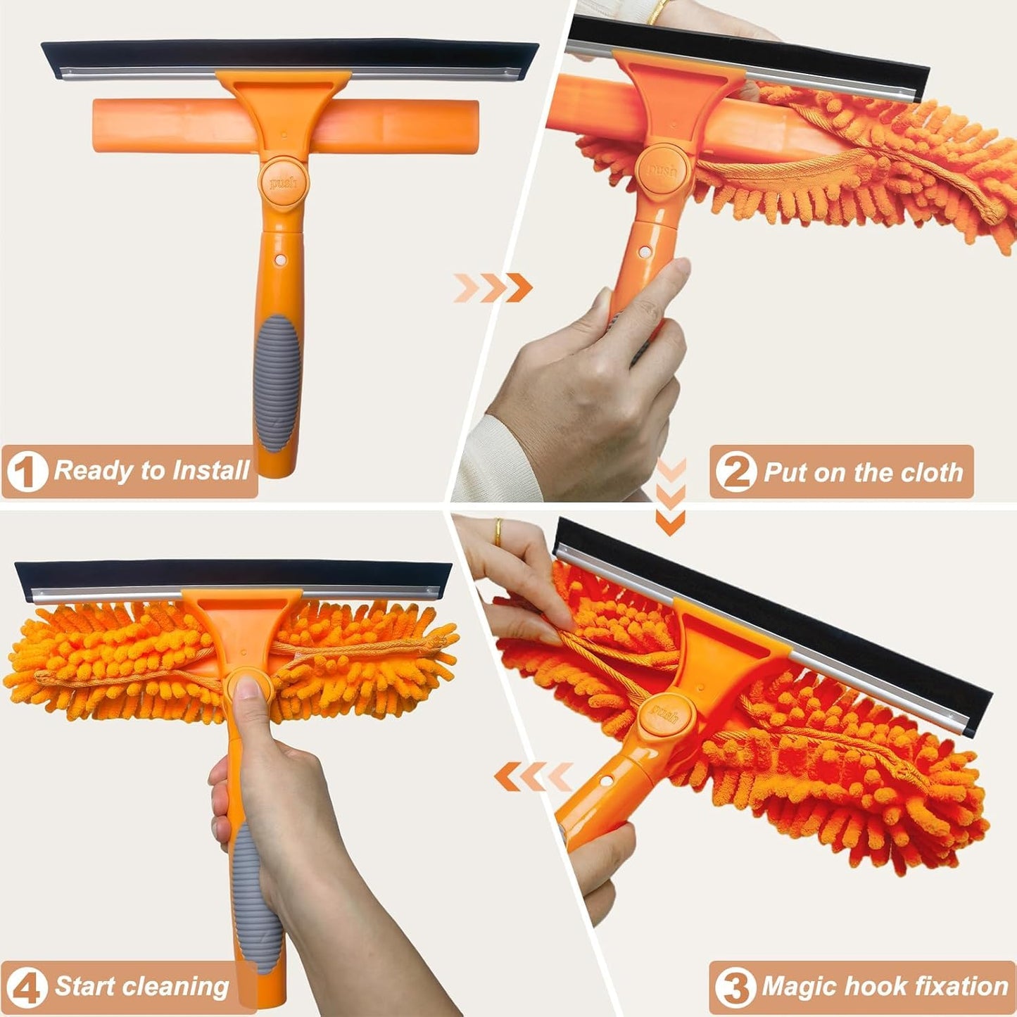 2 in 1 Window Cleaning Tools Squeegee, Double-Sided Professional Cleaner Rotatable Window Kit with Long Handle Pole 20+ Ft, Chenille Microfiber Duster Pads Scrubber for Indoor Outdoor High Glass