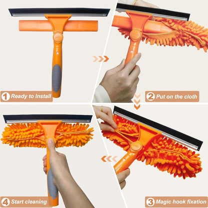 2 in 1 Window Cleaning Tools Squeegee, Double-Sided Professional Cleaner Rotatable Window Kit with Long Handle Pole 20+ Ft, Chenille Microfiber Duster Pads Scrubber for Indoor Outdoor High Glass