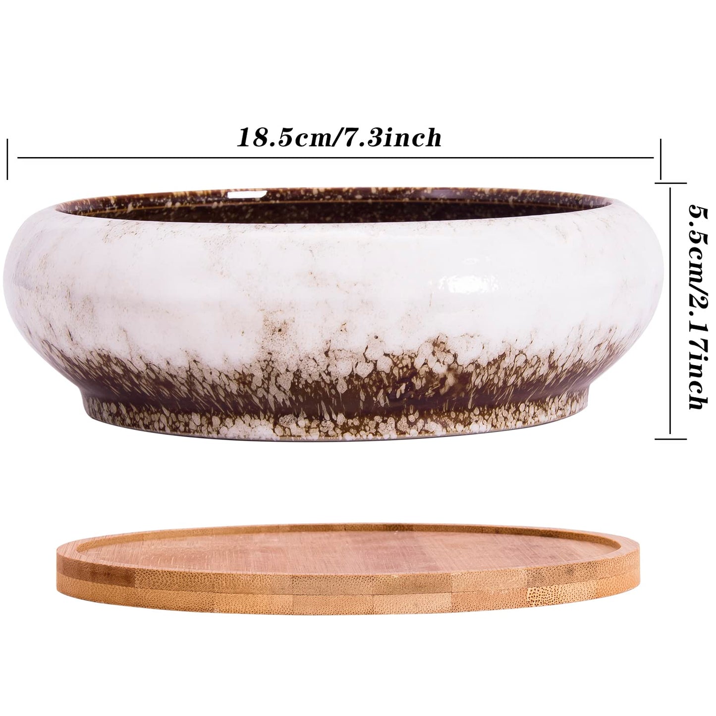 Succulent Pot - 7.3 Inch Succulent Planter with Drainage Hole Shallow Bonsai Pot with Tray, Large Ceramic Flower Pot Garden Decorative Cactus Plant Container Bowl
