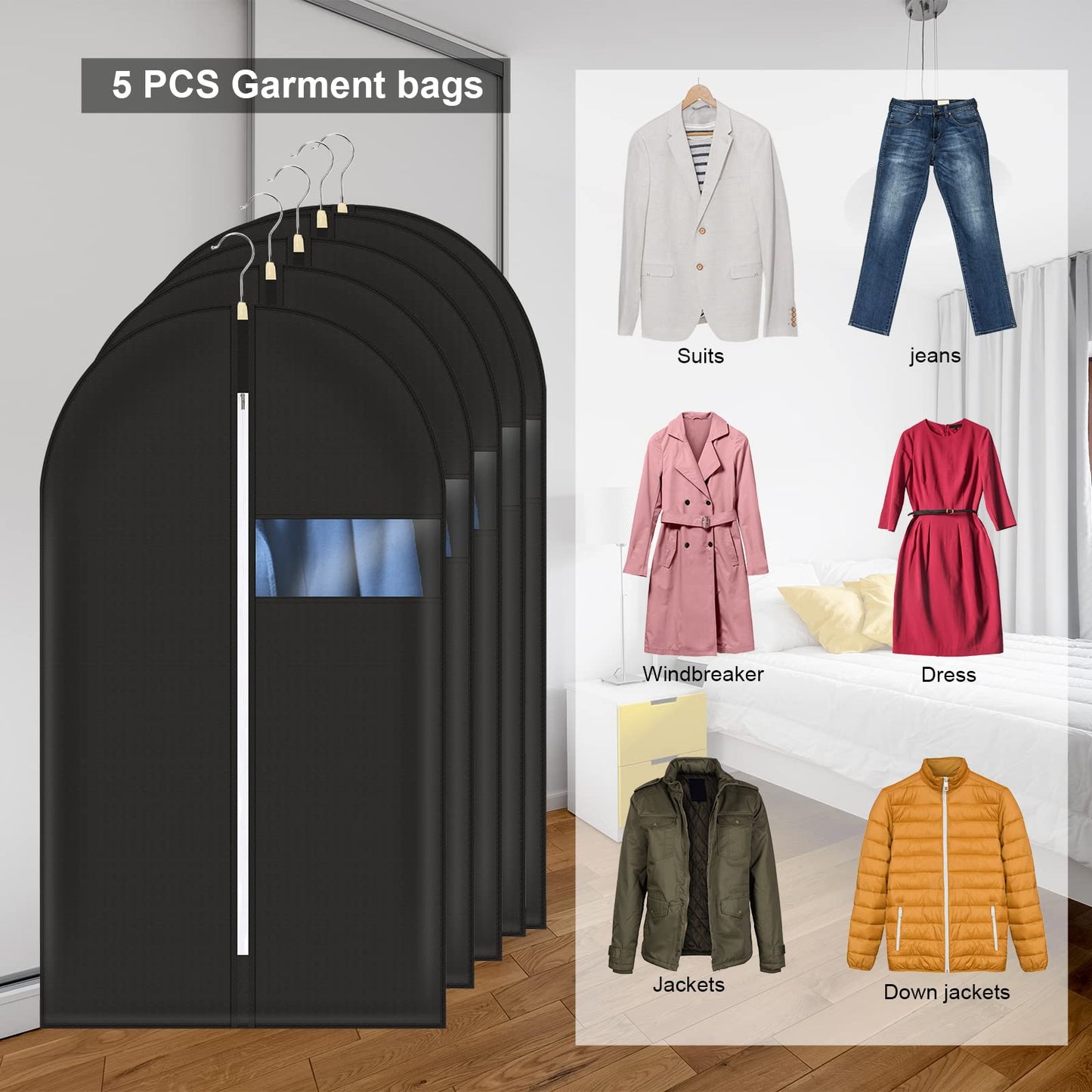 Pitmoly 55 inch/ 140 cm Garment Bag, Breathable Garment Cover for Suit, Hanging Clothes Cover for Storage Shirt, Jacket, Coat, Sweater, Set of 5 (Black)