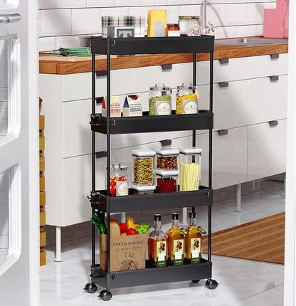 SPACEKEEPER Slim Rolling Storage Cart 4 Tier Bathroom Organizer Mobile Shelving Unit Storage Rolling Utility Cart Tower Rack for Kitchen Bathroom Laundry Narrow Places, Black
