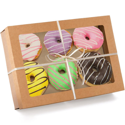 Yarlung 10 Pack Kraft Bakery Box with Clear Window Lid, 14"x10"x3" Foldable Brown Paperboard, Food Wrapping Tray with Greaseproof Paper for Cookies, Donuts, Pies, Picnic, Gift Packaging Ribbon