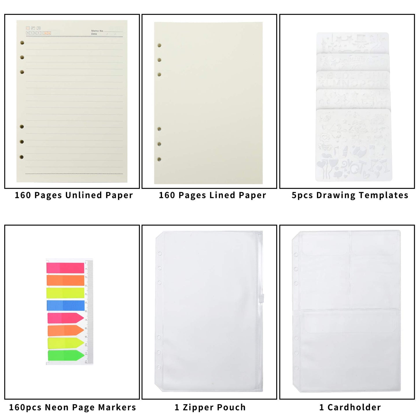 Wonderpool 320 Pages Blank/Lined A5 Refill Paper Inserts Binder Loose Leaf Paper, Dividers, Pocket, Neon Page Marker, Bookmark, Stencils for Refillable 6 Ring Binder Journal Notebook Diary Planner(A5)