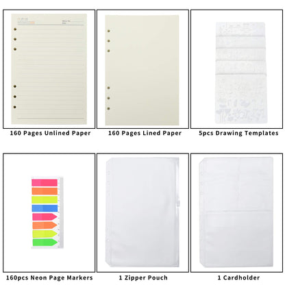 Wonderpool 320 Pages Blank/Lined A5 Refill Paper Inserts Binder Loose Leaf Paper, Dividers, Pocket, Neon Page Marker, Bookmark, Stencils for Refillable 6 Ring Binder Journal Notebook Diary Planner(A5)