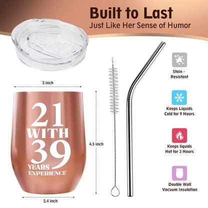 60th Birthday Gifts for Women, 21 with 39 Years Experience 60TH Wine Glass, 60th Birthday Decorations for Women, Funny 60 Year Old Birthday Gifts Idea for Women, Mom, Friends, Wife, Daughter, Sister