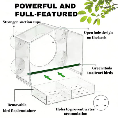 Window Bird-Feeder with 4-Strong Suction-Cups - Large Clear Acrylic Bird House for Outside Wild Birds - Removable Tray & Drain Holes - Up Close Viewing for Cats, Elderly (Color002)