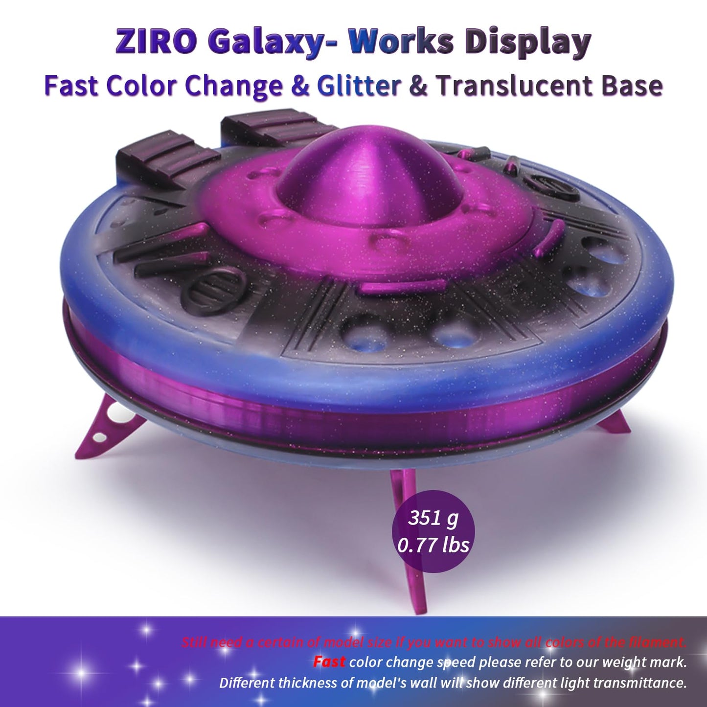 ZIRO Fast Color Changing Twinkling PLA, PLA Filament 1.75mm, Sparkle Glitter with Colorful Transluent PLA, 3D Printing Material,1kg Spool, Dimensional Accuracy +/-0.03mm, Fit Most 3D Printers, Galaxy