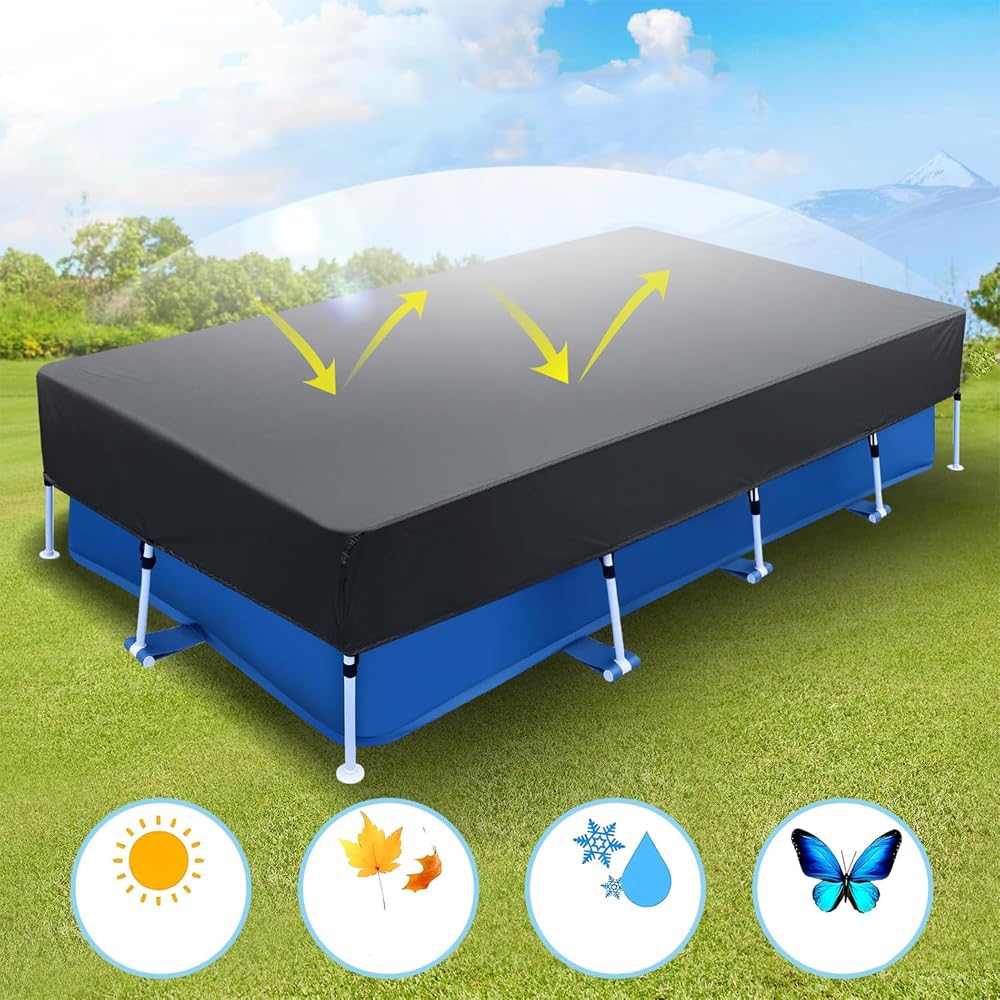 13x7 Ft Rectangular Above Ground Pool Cover with 2 Drawstring and 14 Velcro Strap Set Solar Heavy Duty for Metal Frame Outdoor Swimming Winter Safety (157 * 83inch)