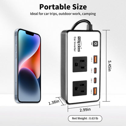 300W Car Power Inverter, DC 12V to 110V AC Car Outlet Adapter Plug, 24W Fast Charging USB-C&USB-A, Portable Charger Converter for Laptops, Phones
