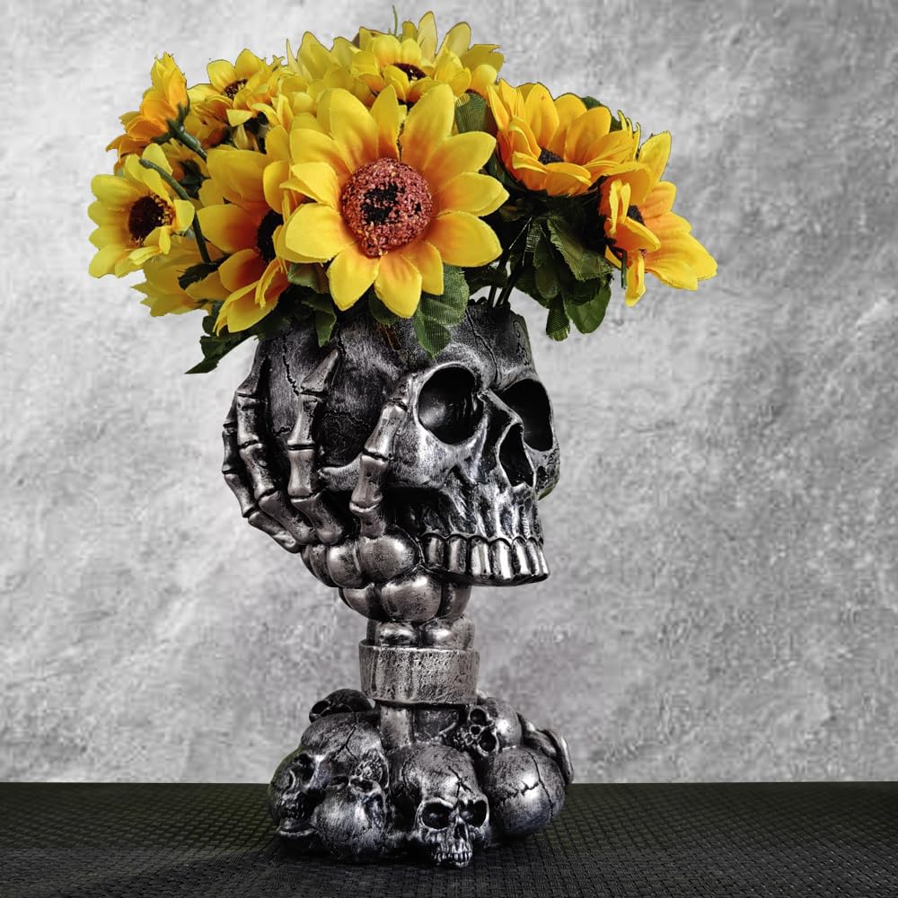 Skull Planter Gothic Home Decor, Cool Planters for Halloween Decorations Indoor/Outdoor Plants, Flower Pots, Plant Pots, Flower Pot, Plant Pot, Unique Statue Vase with Drainage(Tall Black Vases)