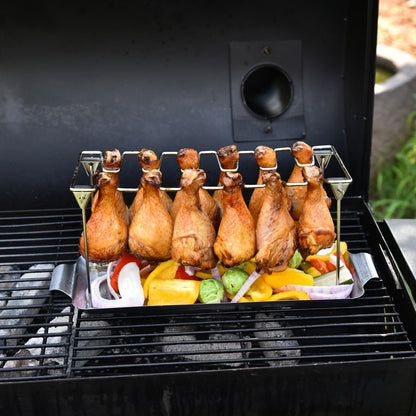 Chicken Leg and Wing Rack for Grill Smoker Oven - Easy to Use 12 Slots Chicken Leg Rack with Drip Tray - High Grade Stainless Steel Chicken Wing Rack Chicken Drumstick Holder for Perfect Cook