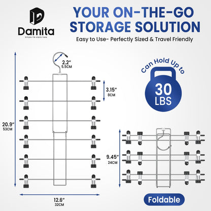 DAMITA Skirt Pants Hangers with Clips Space Saving Hanging Closet Organizer 6 Tiers Hanger with 360° Swivel Hook, Finger-Safe Design- College Dorm Room Apartment Essentials 2-Pack