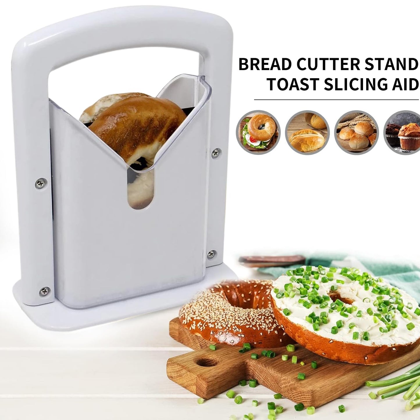 Bagel Slicer, Perfect for Bagels, Safe Grip, Safety Shield, Bagel Cutter Stainless Steel, Universal Slicer (White)