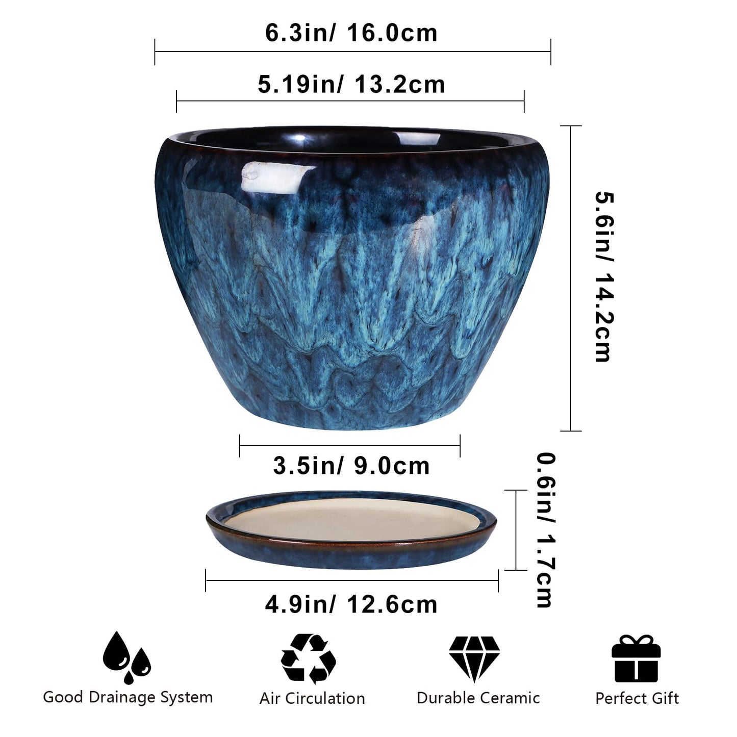 Ceramicfor Ceramic Modern Glaze Succulent Planter Pot with Drainage Hole and Saucer 6 Inch Round Flower Plant Pot for Indoor Outdoor Herb Snake Plants