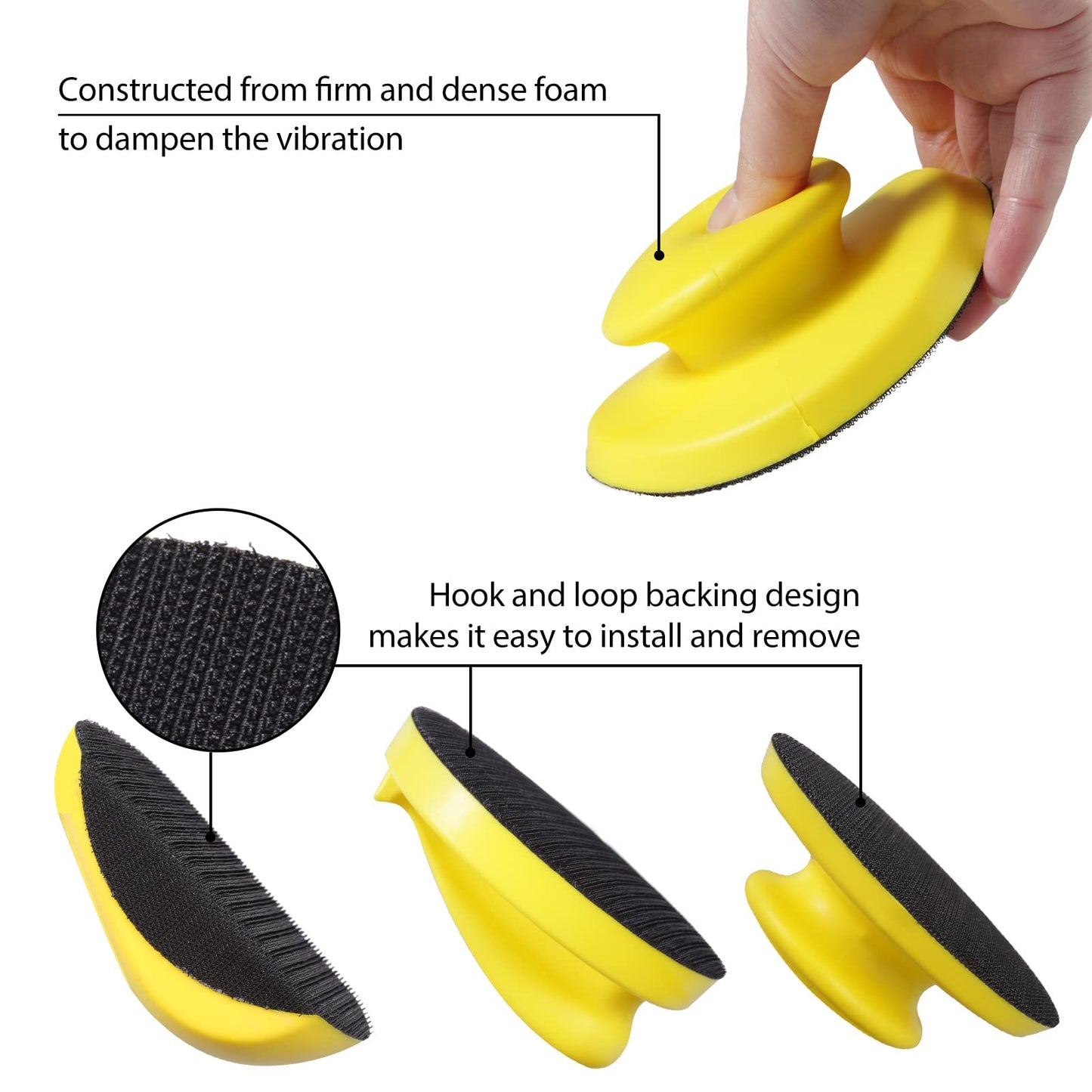 SPEEDWOX 4 Pack 5" Hand Sanding Blocks Round and Mouse-Shaped Hook and Loop Sanding Pad Includes Cleaning Brush, Hook Backing Plate for Wood Furniture Restoration Polishing Home and Car (Yellow)