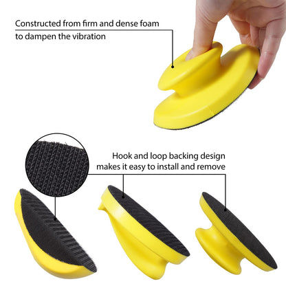 SPEEDWOX 4 Pack 5" Hand Sanding Blocks Round and Mouse-Shaped Hook and Loop Sanding Pad Includes Cleaning Brush, Hook Backing Plate for Wood Furniture Restoration Polishing Home and Car (Yellow)